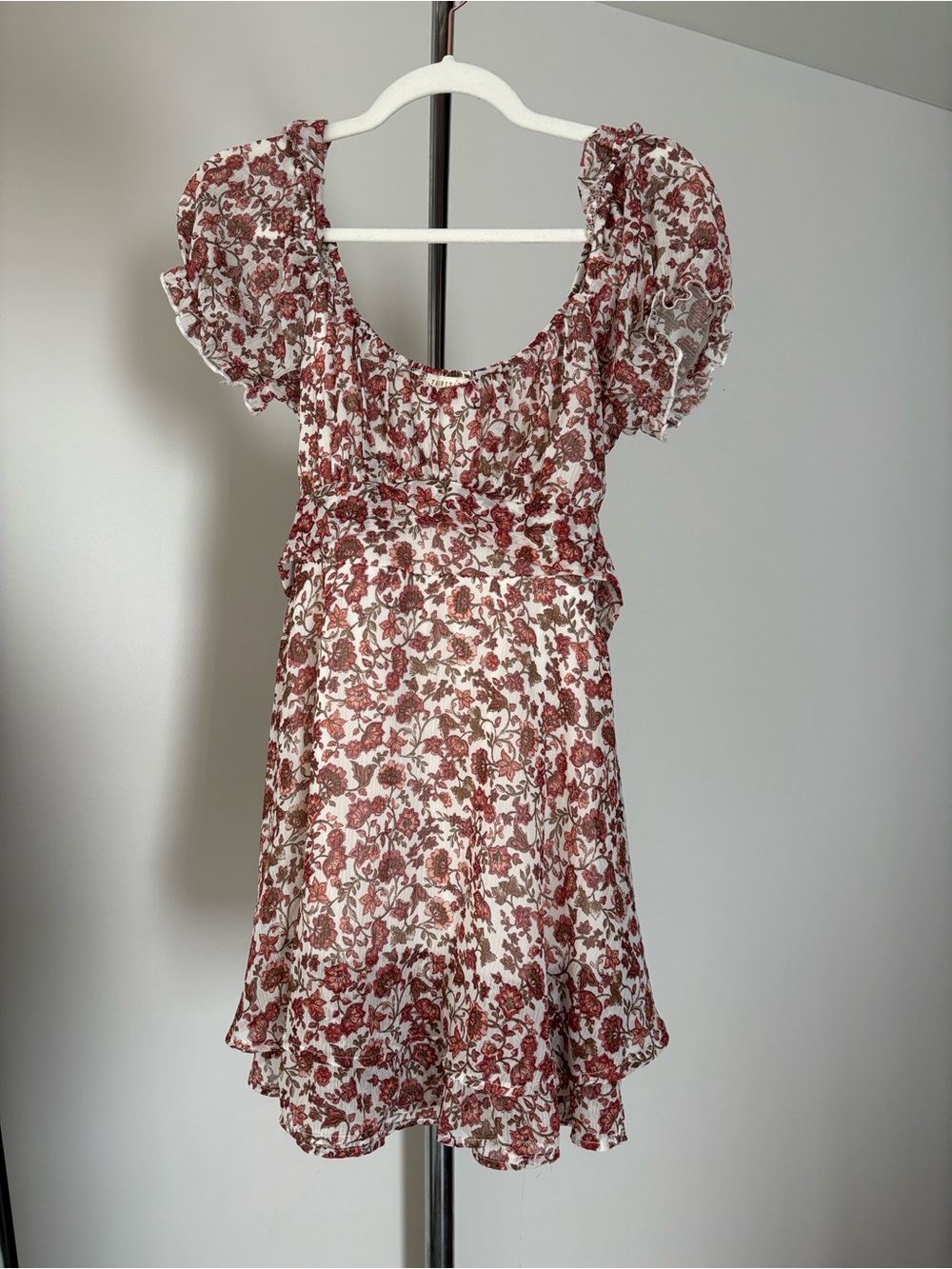 Rose-Print Puff Sleeve Mini Dress - Cream & Brown Floral
